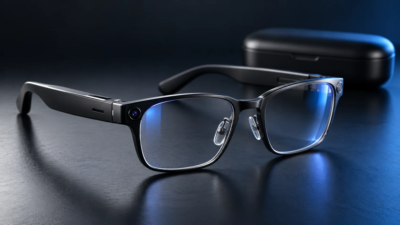 Lunettes connectées génériques noires avec leur étui, sous un éclairage bleu.